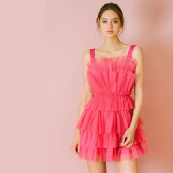 Altar'd State Hot Pink Tiered Tulle Mini Dress Sz M - Picture 1 of 15